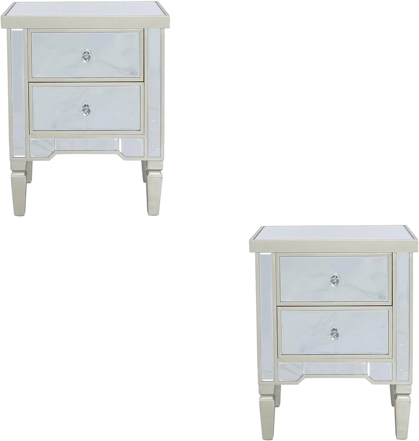 ست 2 عددی میز کنار تختی آینه ای طلایی VANITY LIVING مدل Treviso با دستگیره کریستالی، میز شب مدرن با کشو و رویه شیشه ای - حاشیه چوبی طلایی براق - 49 x 32.5 x 62 سانتی متر