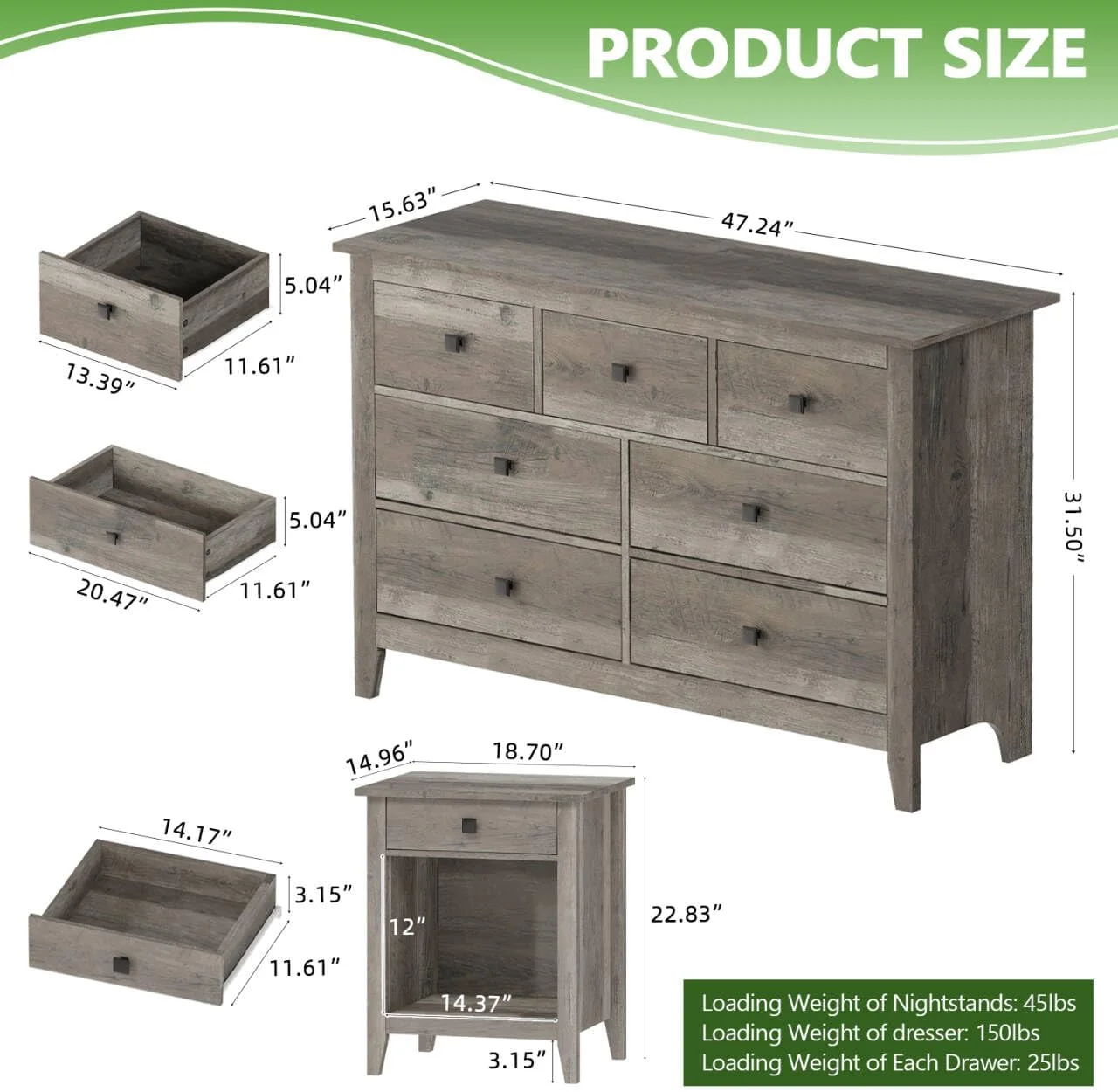 ست میز آرایش و پاتختی Vikiullf - ست 3 تکه اتاق خواب با میز آرایش 7 کشویی و پاتختی 1 کشویی، میز آرایش چوبی دوبل، طرح چوب خاکستری