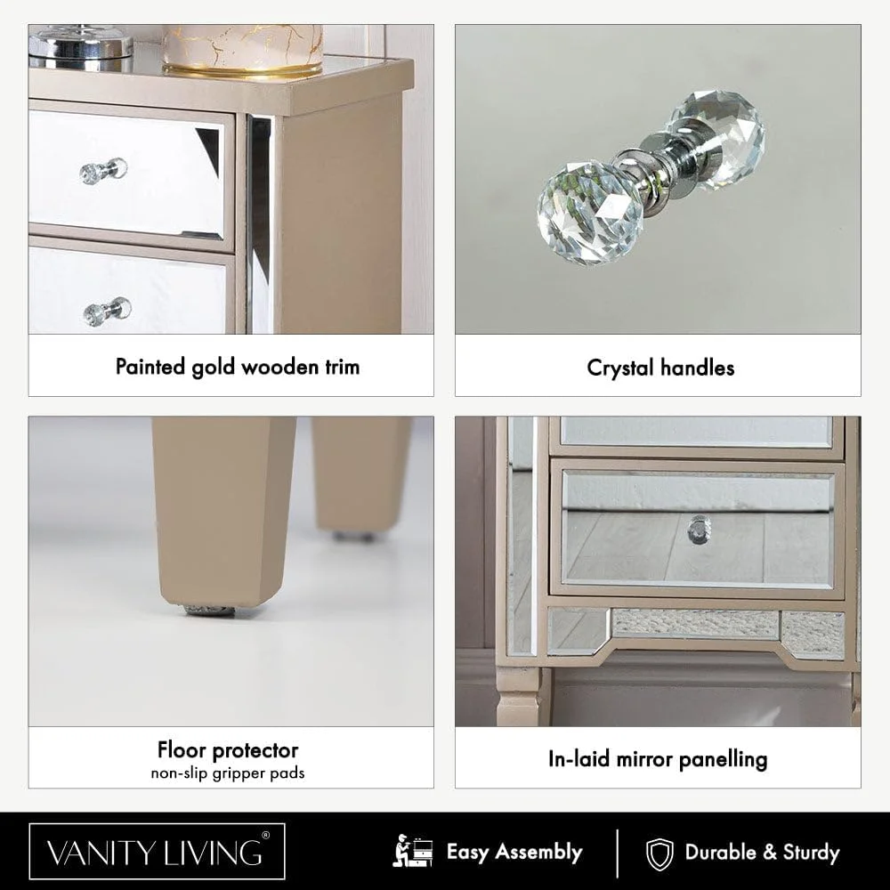 ست 2 عددی میز کنار تختی آینه ای طلایی VANITY LIVING مدل Treviso با دستگیره کریستالی، میز شب مدرن با کشو و رویه شیشه ای - حاشیه چوبی طلایی براق - 49 x 32.5 x 62 سانتی متر ست 2 عددی میز کنار تختی آینه ای طلایی VANITY LIVING مدل Treviso با دستگیره کریستالی، میز شب مدرن با کشو و رویه شیشه ای - حاشیه چوبی طلایی براق - 49 x 32.5 x 62 سانتی متر