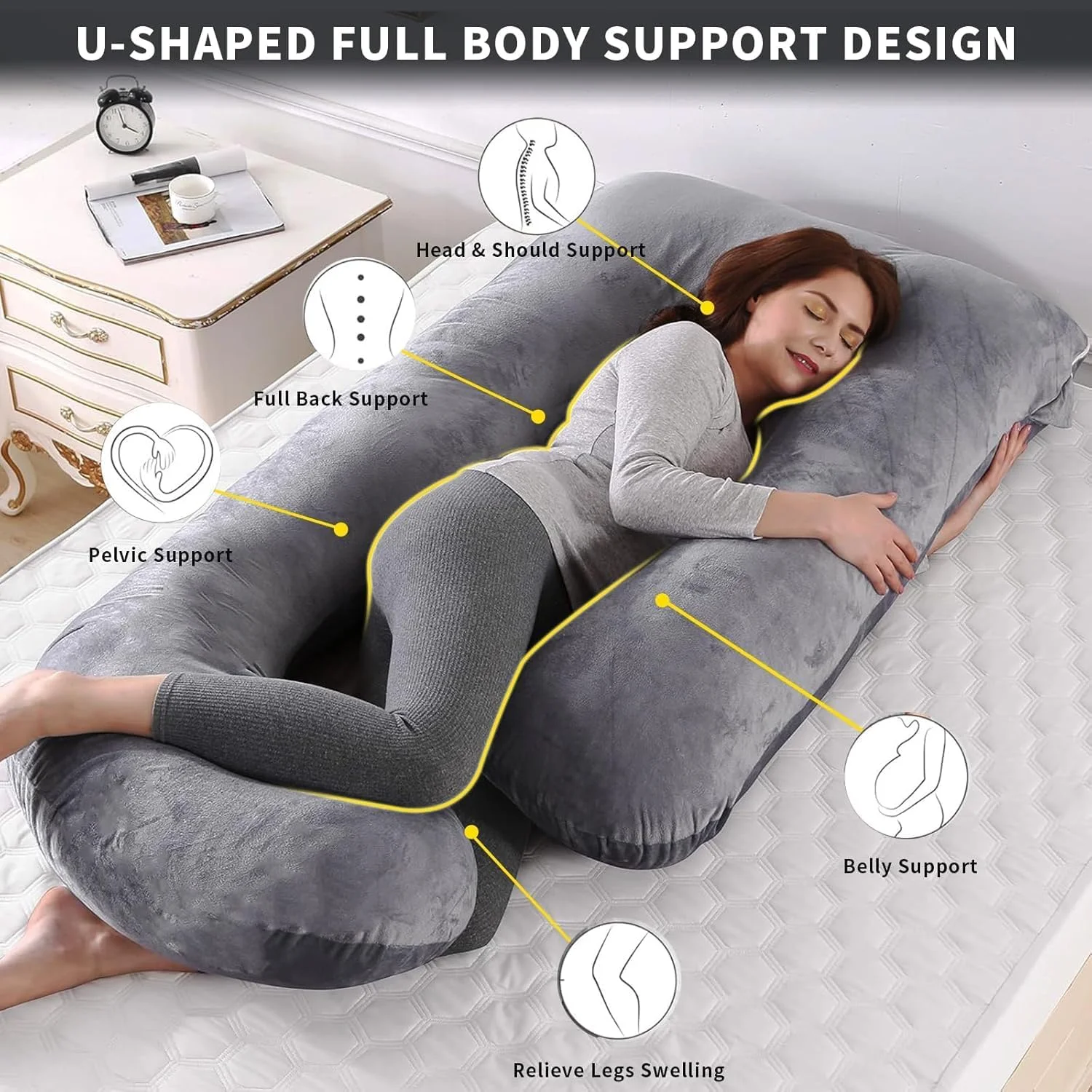 بالش بارداری HOME DWELL - بالش بارداری حمایتی برای خواب، 115 × 85 × 25 سانتی متر، بالش بدن راحت برای زنان باردار (خاکستری)