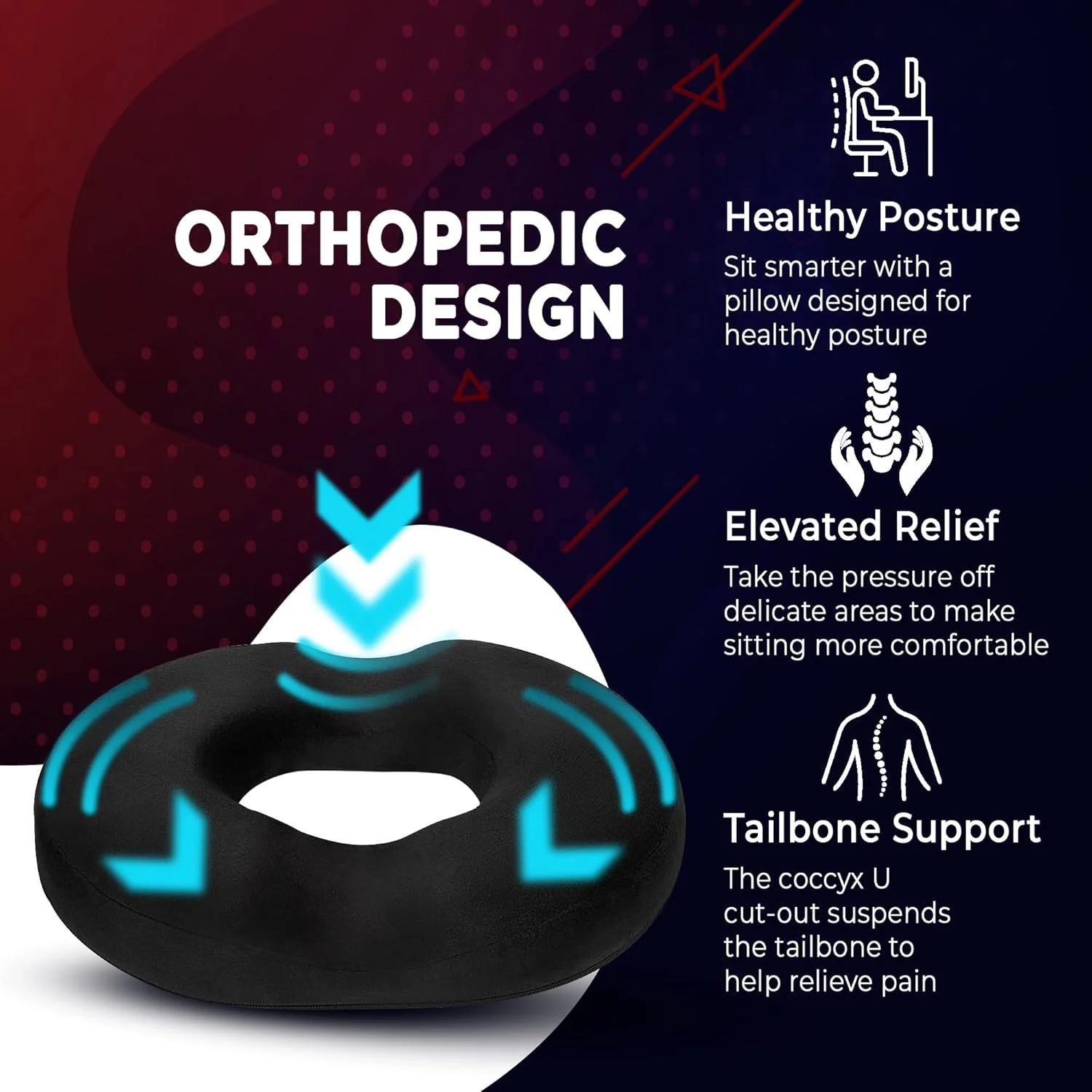 بالشتک صندلی دوناتی لکسییا با طراحی ارتوپدی، فوم حافظه‌دار برای تسکین درد دنبالچه و استخوان خاجی، مناسب برای بواسیر، دوران بارداری و پس از زایمان، جراحی، سیاتیک و کاهش فشار بر دنبالچه، برند Palace، مشکی
