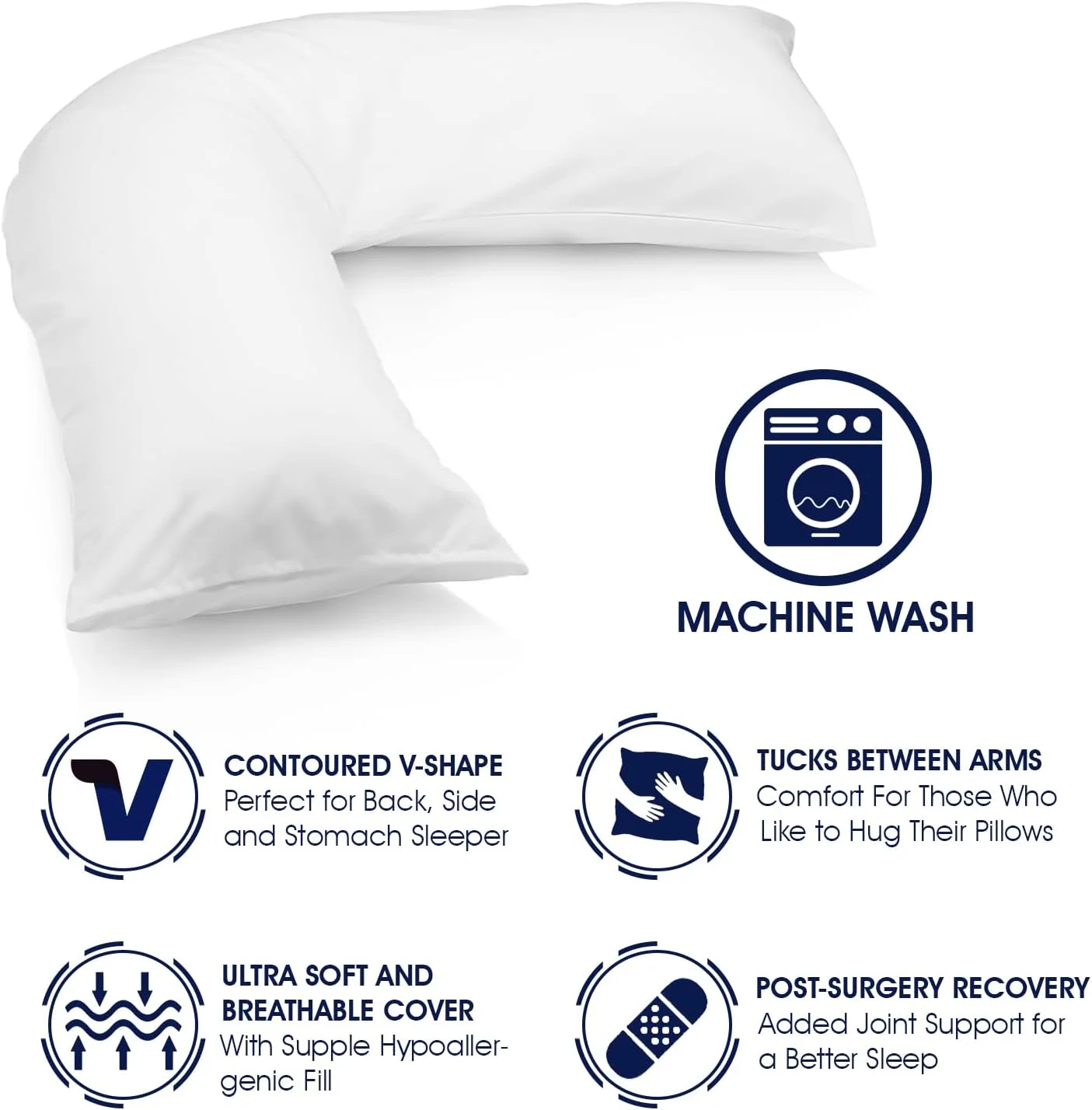 بالش V شکل لوکس MH Traders به همراه روبالشی. بالش طبی برای گردن، کمر و شانه، بالش بارداری و بالش های V شکل با الیاف میکروفایبر و قابلیت شستشو در ماشین لباسشویی