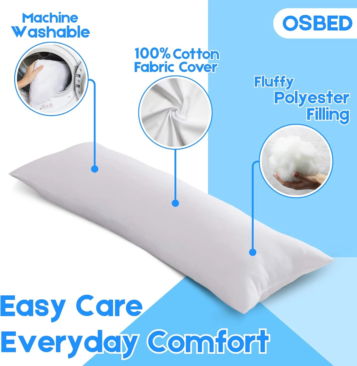 بالش بلند نرم و راحت OSBED برای خواب پهلو | بالش بزرگ بدن ممتاز با الیاف پلی استر کرکی و تنفسی و روکش 100% پنبه، بالش تمام بدن برای خواب (سفید، 50 × 120 سانتی متر)