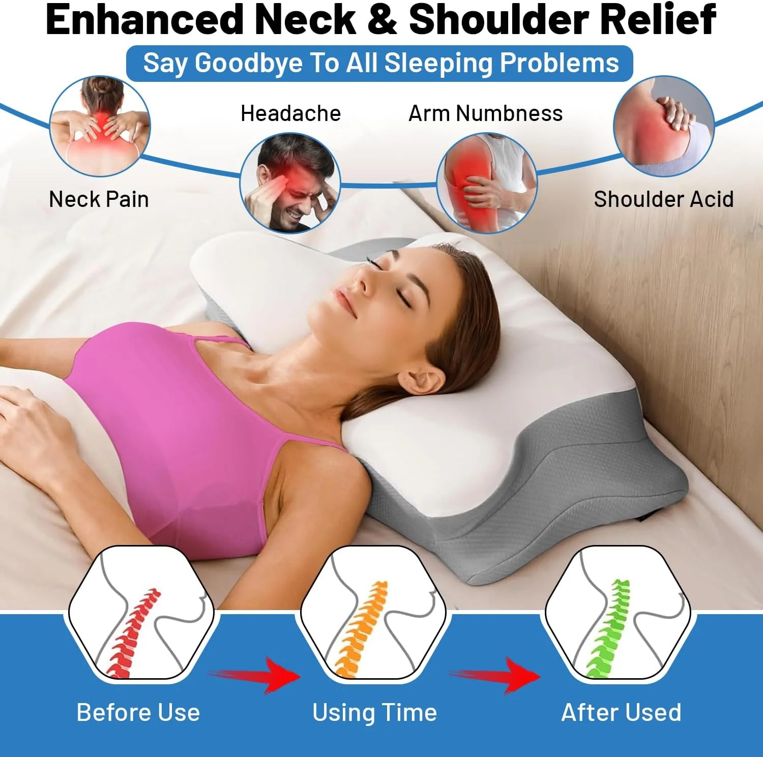 بالش مموری فوم گردنی پریمیوم NIXGEN برای تسکین درد گردن، سر و شانه، خنک کننده، ارگونومیک، بالش طبی برای خواب، راحت برای تمام حالت ها، بالش تسکین استرس و بی خوابی