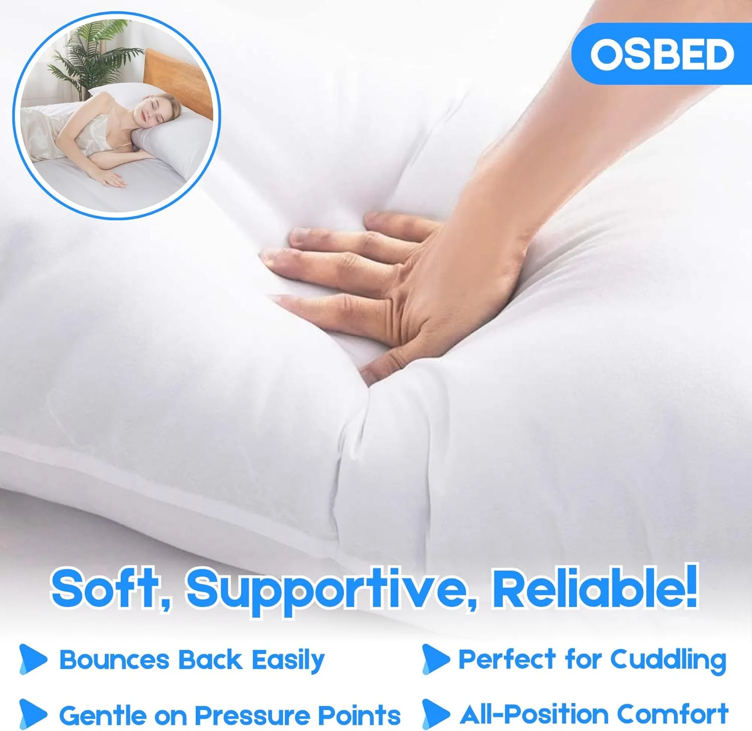 بالش بلند نرم و راحت OSBED برای خواب پهلو | بالش بزرگ بدن ممتاز با الیاف پلی استر کرکی و تنفسی و روکش 100% پنبه، بالش تمام بدن برای خواب (سفید، 50 × 120 سانتی متر)