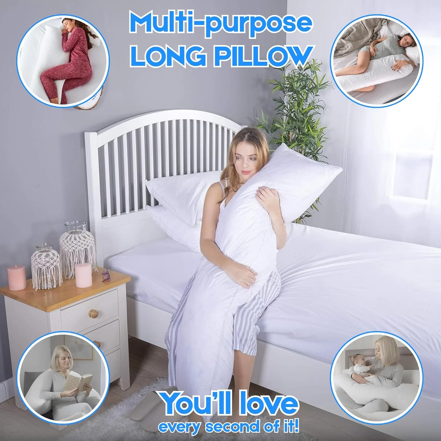 بالش بلند نرم و راحت OSBED برای خواب پهلو | بالش بزرگ بدن ممتاز با الیاف پلی استر کرکی و تنفسی و روکش 100% پنبه، بالش تمام بدن برای خواب (سفید، 50 × 120 سانتی متر)