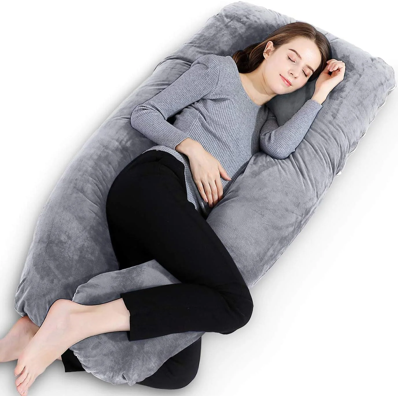 بالش بارداری U شکل برای حمایت کامل بدن و خواب آرام - مخمل خاکستری یا سفید (رنگ تصادفی)