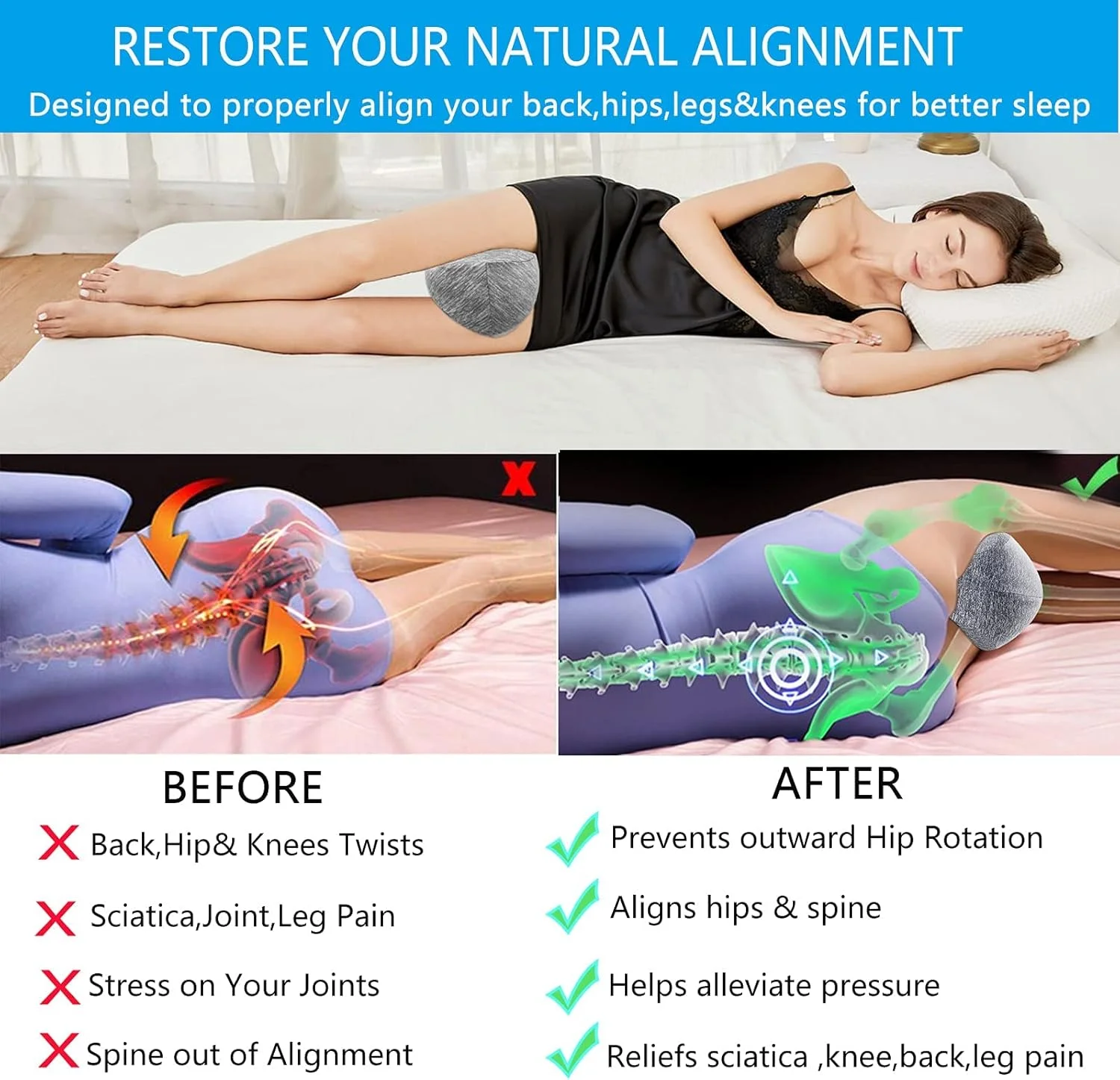 بالش زانو TERRIFI برای خوابیدن به پهلو، بالش ساق پا با فوم حافظه‌دار، بالش گوه ای خنک کننده برای حمایت از کمر، تسکین درد برای سیاتیک کمر و مفاصل ران، بالش زانوی ارگونومیک برای خواب بارداری