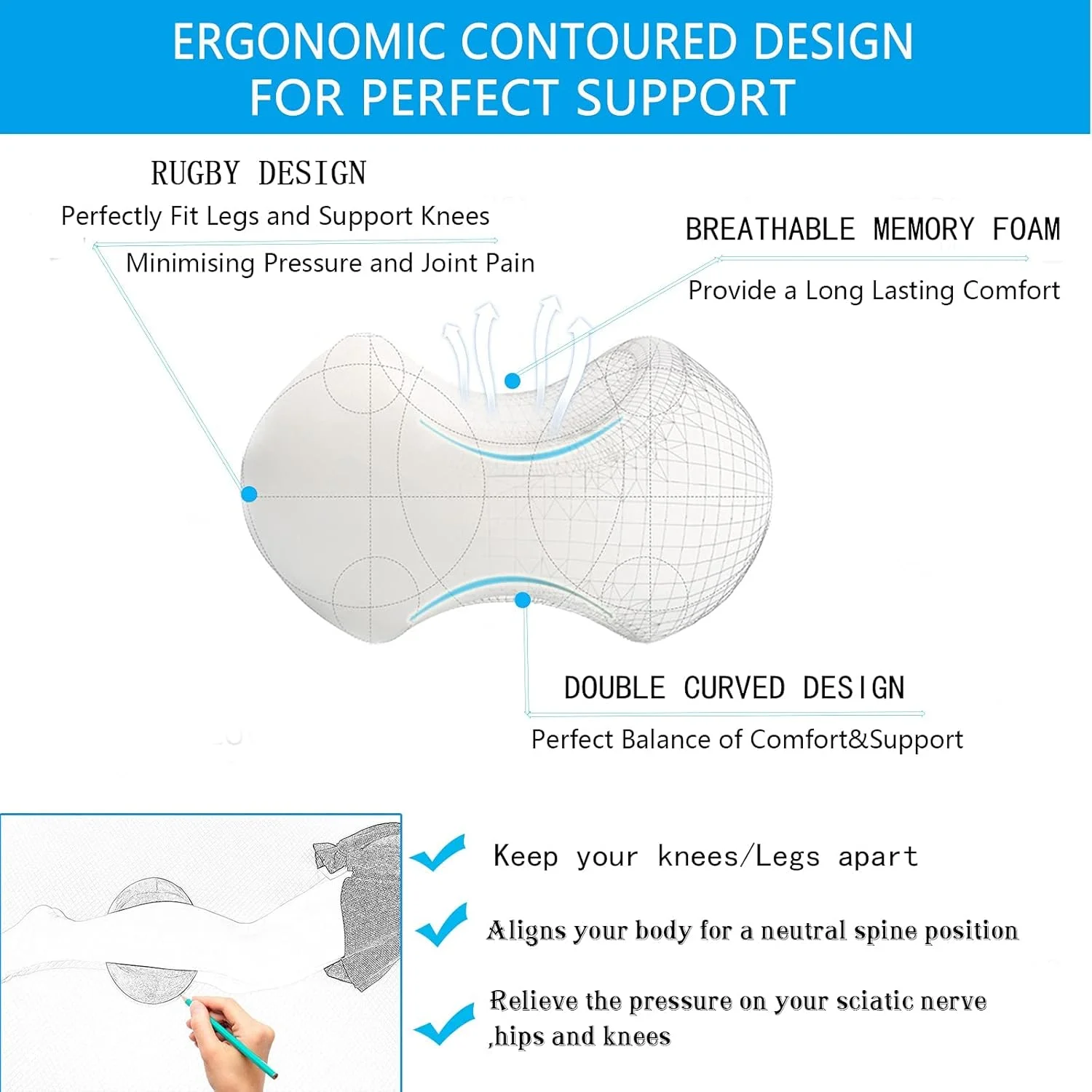 بالش زانو TERRIFI برای خوابیدن به پهلو، بالش ساق پا با فوم حافظه‌دار، بالش گوه ای خنک کننده برای حمایت از کمر، تسکین درد برای سیاتیک کمر و مفاصل ران، بالش زانوی ارگونومیک برای خواب بارداری