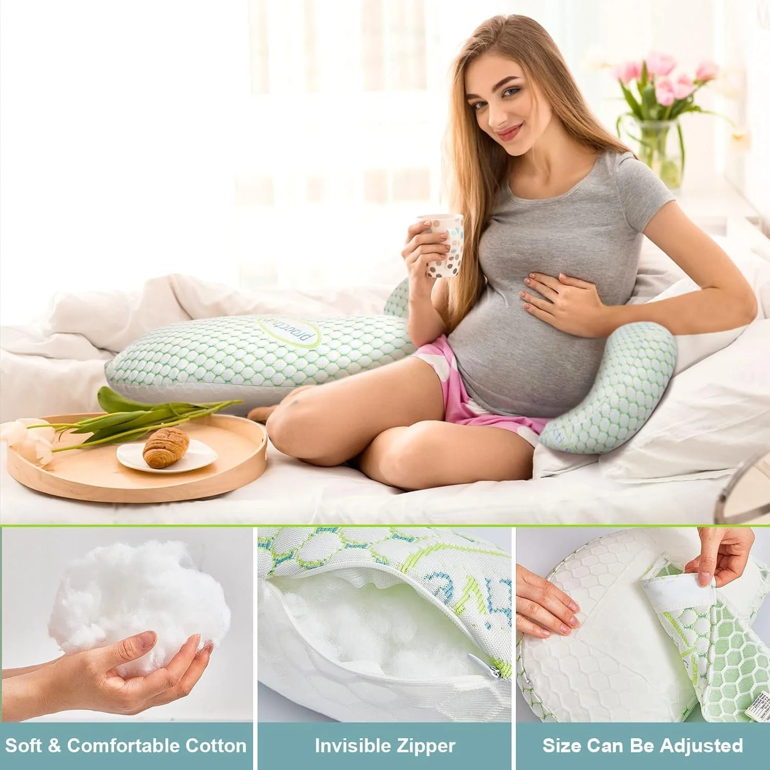 بالش بارداری U-HOOME برای خواب، بالش بدن بارداری نرم برای حمایت از کمر، پاها، شکم و باسن زنان باردار، بالش بارداری با روکش خنک کننده قابل تنظیم و جدا شدن (خاکستری)