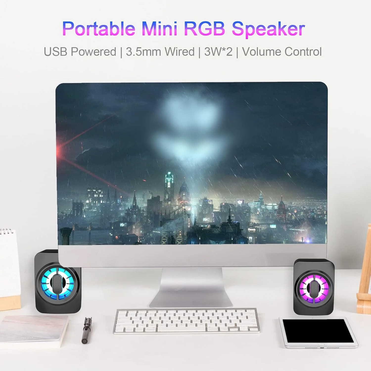 اسپیکر کامپیوتر Irovami A1، اسپیکر مینی قابل حمل RGB با USB، جعبه صدای سیمی 3.5 میلی متری، ساب ووفر 6 واتی، کنترل برای لپ تاپ، کامپیوتر رومیزی، تبلت، کامپیوتر شخصی، تلفن هوشمند