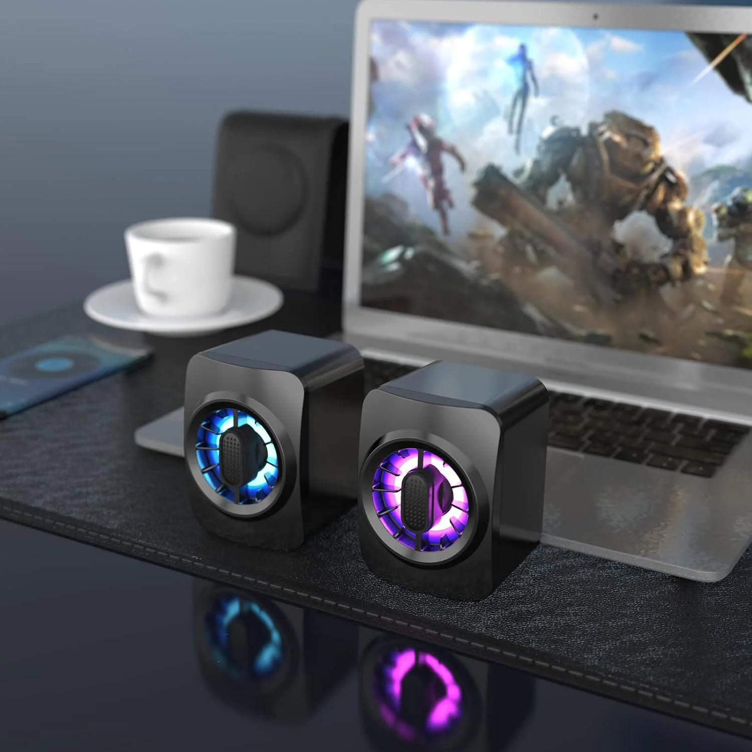 اسپیکر کامپیوتر Irovami A1، اسپیکر مینی قابل حمل RGB با USB، جعبه صدای سیمی 3.5 میلی متری، ساب ووفر 6 واتی، کنترل برای لپ تاپ، کامپیوتر رومیزی، تبلت، کامپیوتر شخصی، تلفن هوشمند