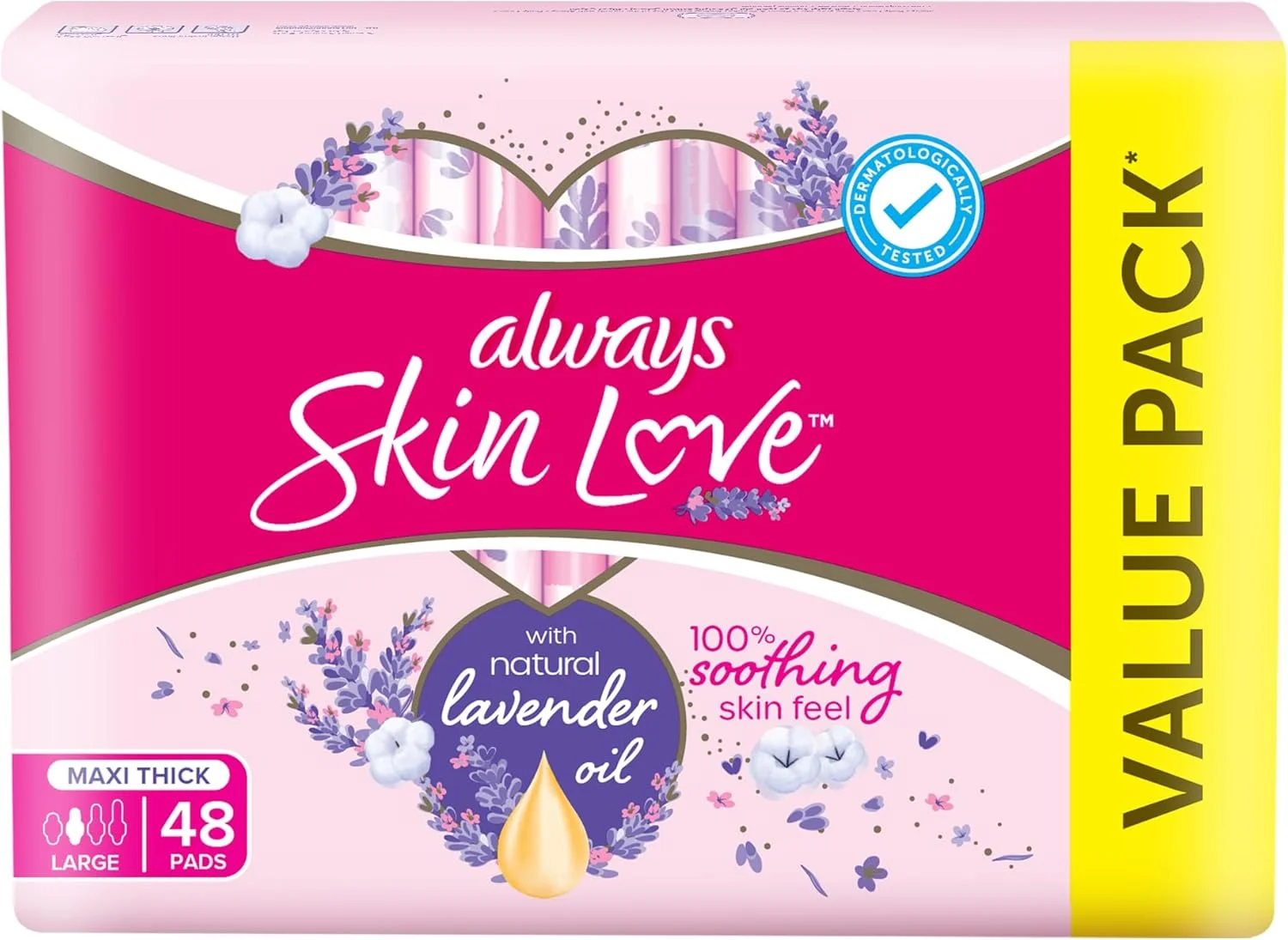 پدهای بهداشتی Always Skin Love، اولین پدهای Always با طراوت اسطوخودوس، تا 100% قابلیت تنفس، نرمی، محافظت، ضخیم و بزرگ، 48 عدد