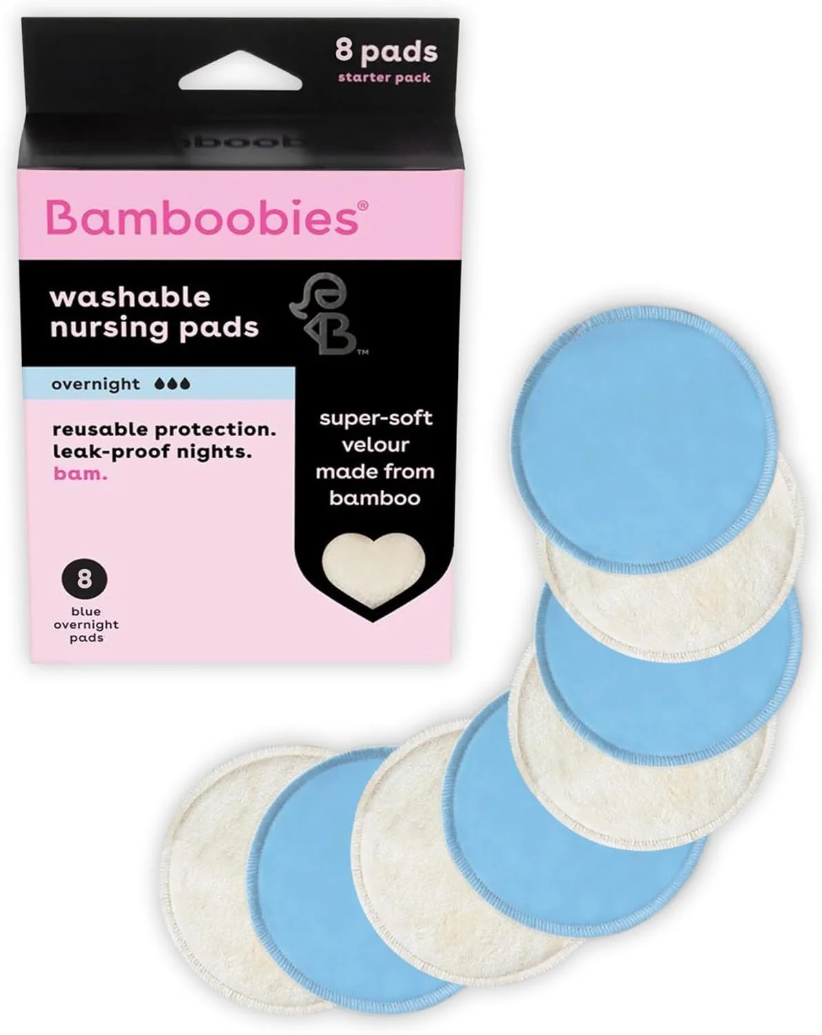 پدهای شیردهی شبانه ضد نشت بامبوبییز برای زنان، قابل استفاده مجدد و شستشو، آبی، 4 جفت