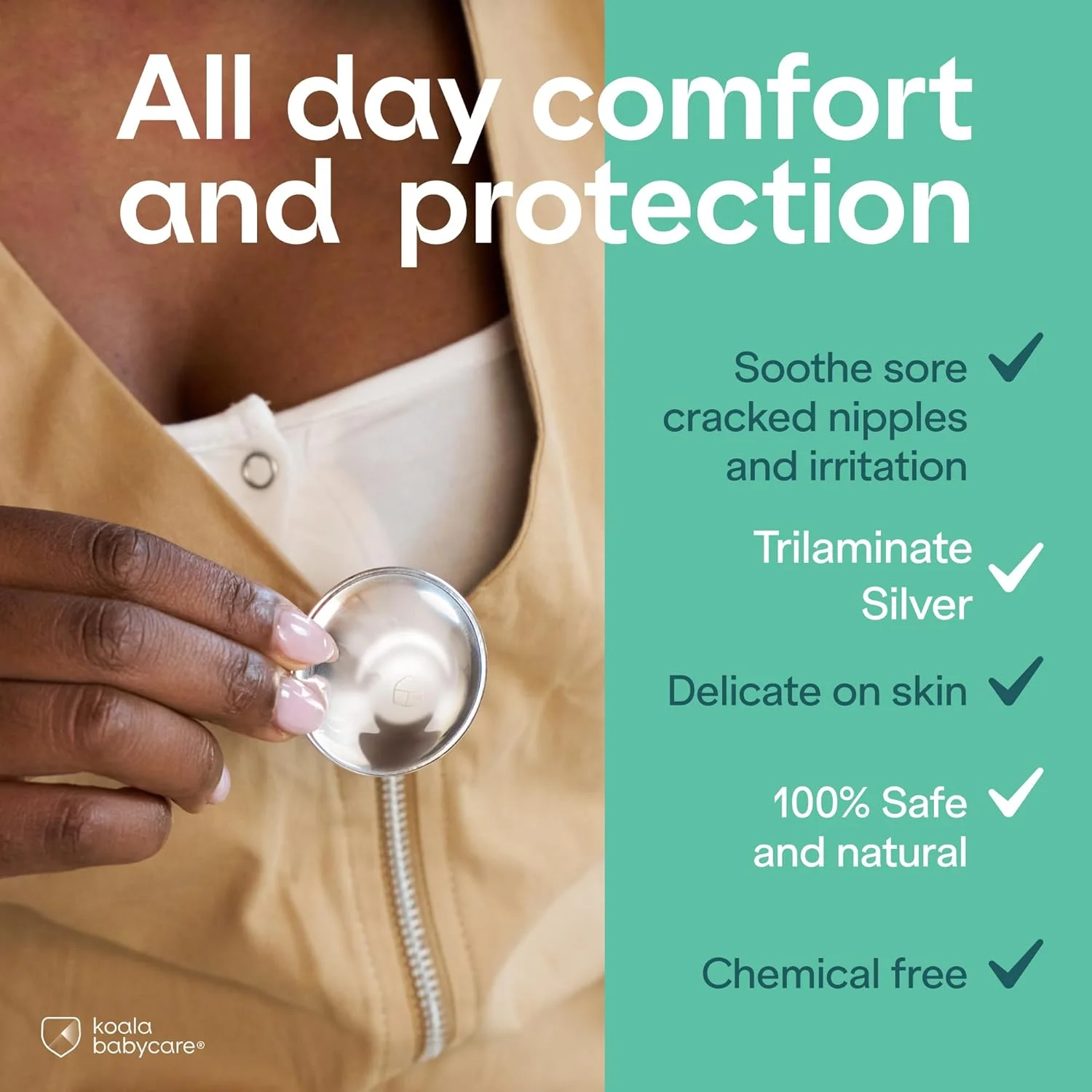 پدهای شیردهی Koala Babycare® - نقره خالص 999 بدون نیکل برای پیشگیری و درمان ترک خوردگی نوک سینه در دوران شیردهی | دستگاه پزشکی کلاس 1 فنجان نقره ای Koala
