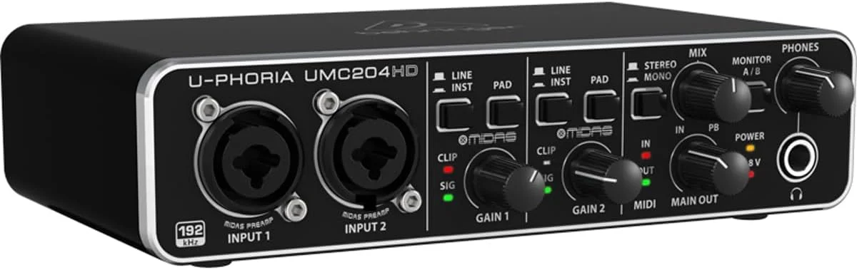 کارت صدای USB/MIDI بهرینگر UMC204HD با کیفیت استودیویی 2x4، 24 بیت/192 کیلوهرتز به همراه پری امپ میکروفون MIDAS