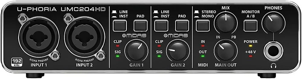 کارت صدای USB/MIDI بهرینگر UMC204HD با کیفیت استودیویی 2x4، 24 بیت/192 کیلوهرتز به همراه پری امپ میکروفون MIDAS کارت صدای USB/MIDI بهرینگر UMC204HD با کیفیت استودیویی 2x4، 24 بیت/192 کیلوهرتز به همراه پری امپ میکروفون MIDAS