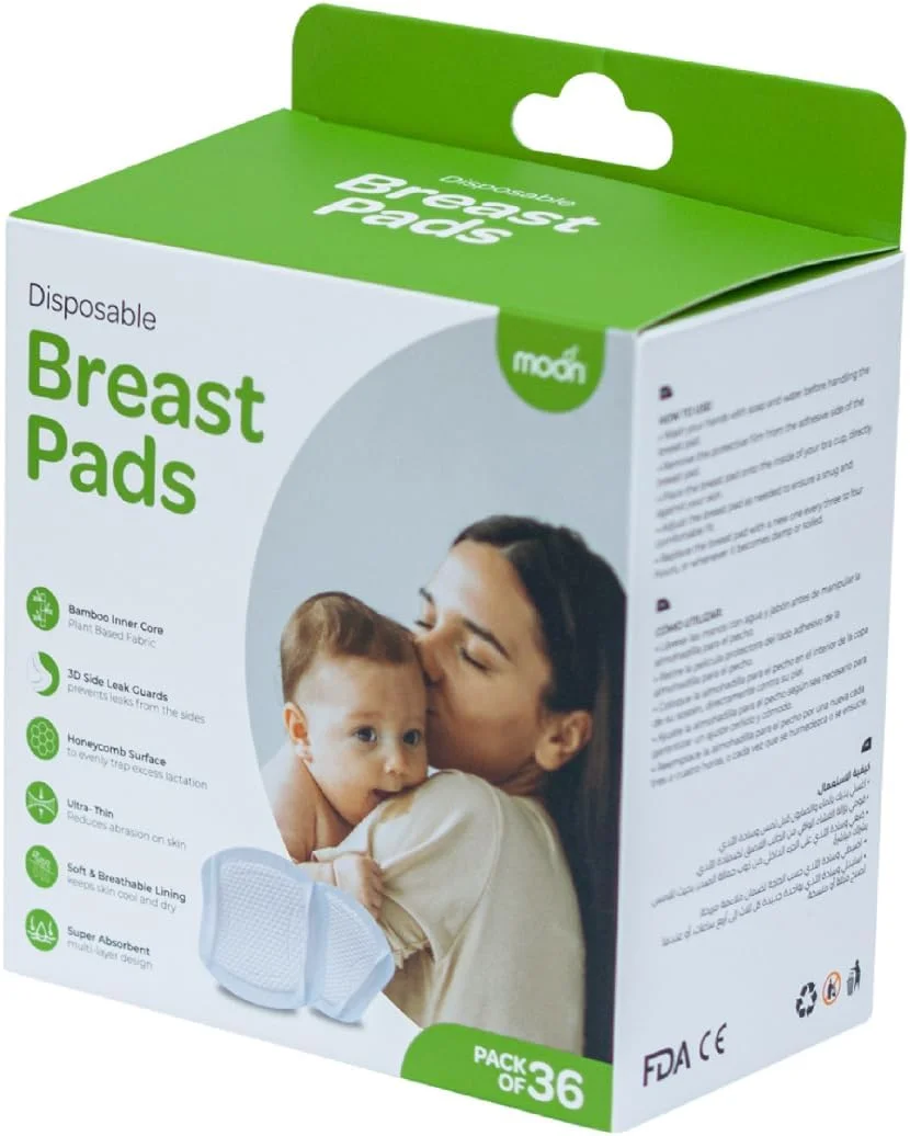 پدهای سینه یکبار مصرف بامبو برند مون، پد سینه شیردهی/مادر، پوشش نوک سینه برای مادران شیرده، کانتوردار، نرم، قابل تنفس، فوق العاده جاذب با سطح لانه زنبوری - بسته 36 عددی