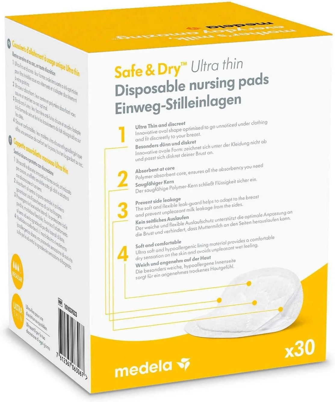 پدهای شیردهی یکبار مصرف فوق العاده نازک و ایمن Medela - بسته بندی جداگانه - بسته 30 عددی