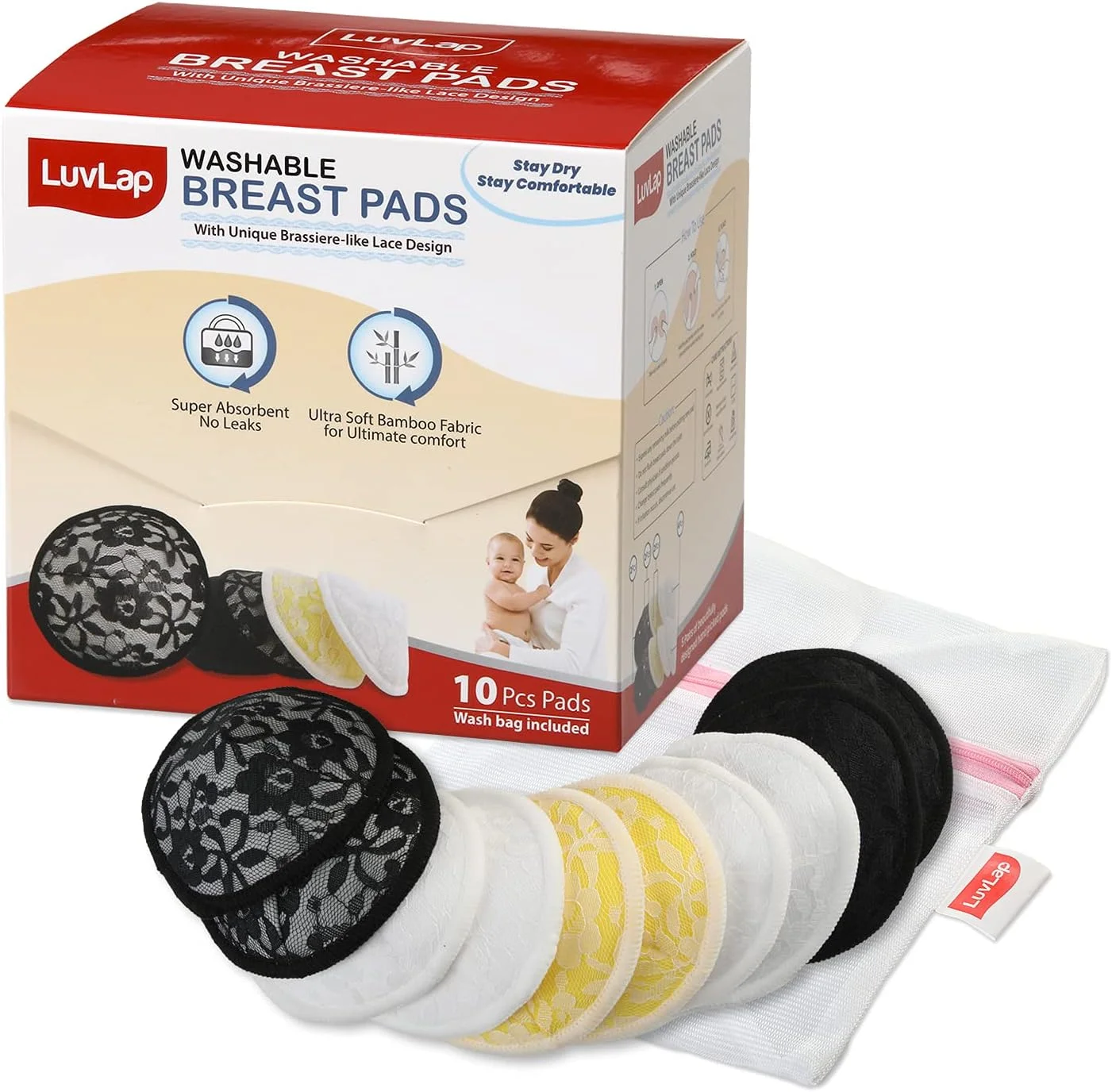 پدهای شیردهی قابل شستشو بامبو طبیعی Luv Lap برای مادران شیرده، مدل توری زیبا، شکل کانتوری برای تناسب اندام، شامل کیسه لباسشویی، جذب فوق العاده، 10 عدد پدهای شیردهی قابل شستشو بامبو طبیعی Luv Lap برای مادران شیرده، مدل توری زیبا، شکل کانتوری برای تناسب اندام، شامل کیسه لباسشویی، جذب فوق العاده، 10 عدد