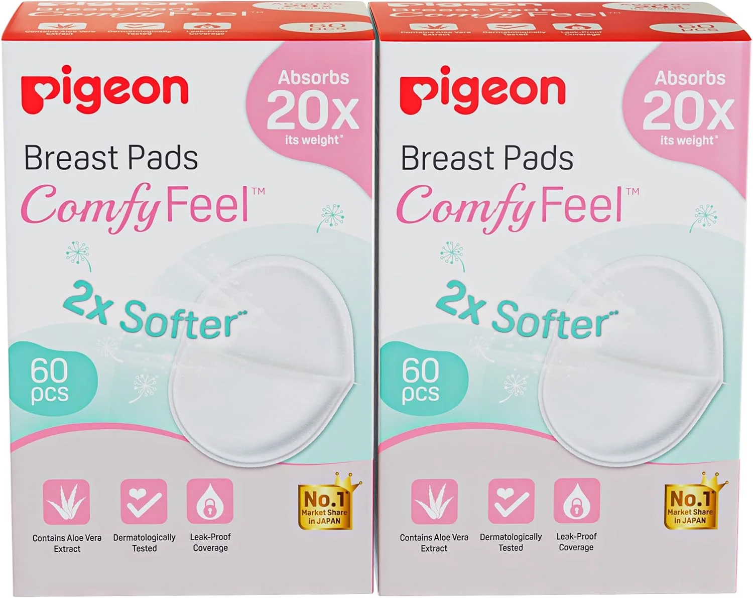 پدهای سینه یکبار مصرف Pigeon، حس راحتی، 2 برابر نرم تر، ملایم روی پوست، خشک نگه داشتن تمام روز، عصاره آلوئه ورا، تست شده توسط متخصص پوست، پوشش ضد نشت، سفید، 60 عدد، بسته 2 عددی