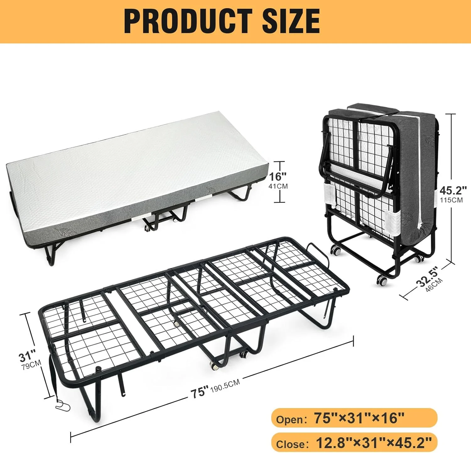 تخت تاشو SKY-TOUCH با تشک مموری فوم، تختخواب تاشو قابل حمل با قاب محکم و بادوام، تخت های چرخدار برای خانه و دفتر، سفید، 190 * 80 سانتی متر، 00216