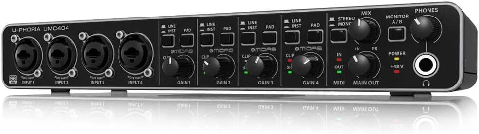 کارت صدای USB/MIDI بهرینگر U-PHORIA UMC404 با کیفیت عالی 4x4، 24 بیت/192 کیلوهرتز به همراه پری امپ میکروفون Midas