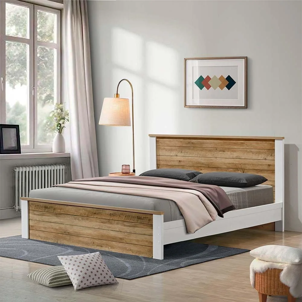 تخت خواب دو نفره کینگ دانوب هوم مدل Swann سایز 180X200 | طراحی مدرن و مقاوم | مبلمان قاب تخت خواب چوبی | تخت خواب های راحت و بی صدا | ساخت مالزی L208xW188xH103cm - بلوط تابستانی/سفید صدفی