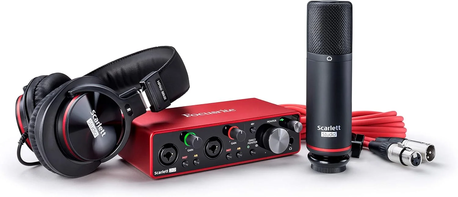 کارت صدای USB Focusrite Scarlett 2I2 نسل سوم برای ضبط، آهنگسازی، استریم و پادکست - ضبط با کیفیت استودیویی و نرم افزارهای مورد نیاز برای ضبط