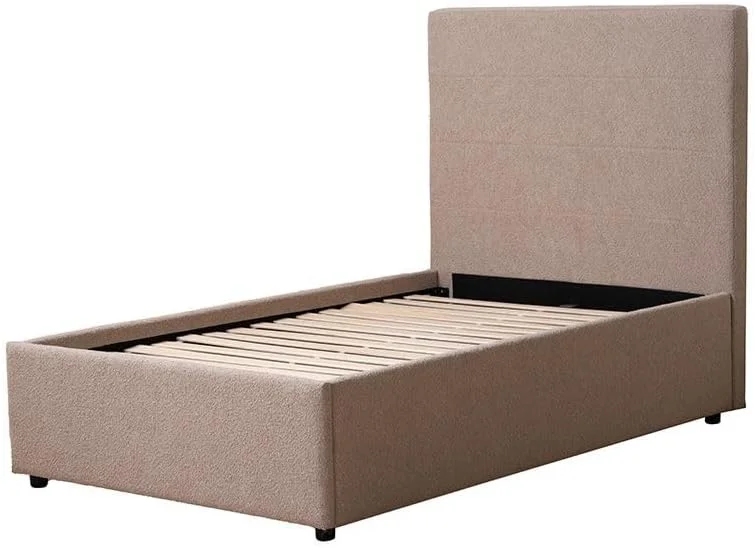 تخت یک نفره روکش دار 120x200 Danube Home Travvy | مبلمان قاب تخت یک نفره چوبی با طراحی مدرن | تخت خواب راحت (تشک شامل نمی شود) L215xW132xH140cm - بژ تیره
