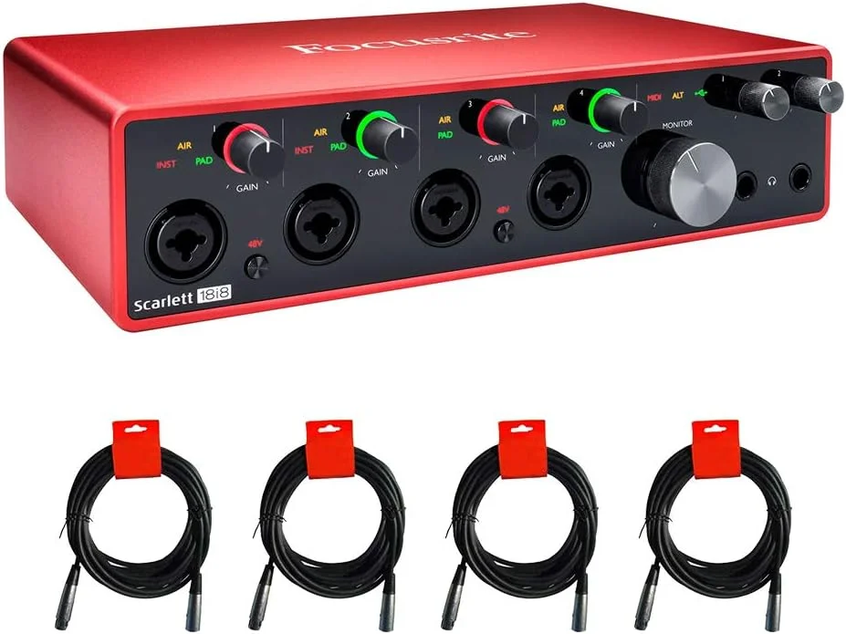 باندل کارت صدای USB فوکوسرایت Scarlett 18i8 (نسل سوم) به همراه 4 عدد کابل XLR-XLR
