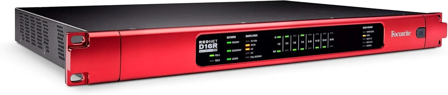 اینترفیس دیجیتال 16x16 فوکوسرایت RedNet D16R MkII برای شبکه‌های Dante، با کنترل سطح کانال برای ورودی‌ها و خروجی‌های جداگانه