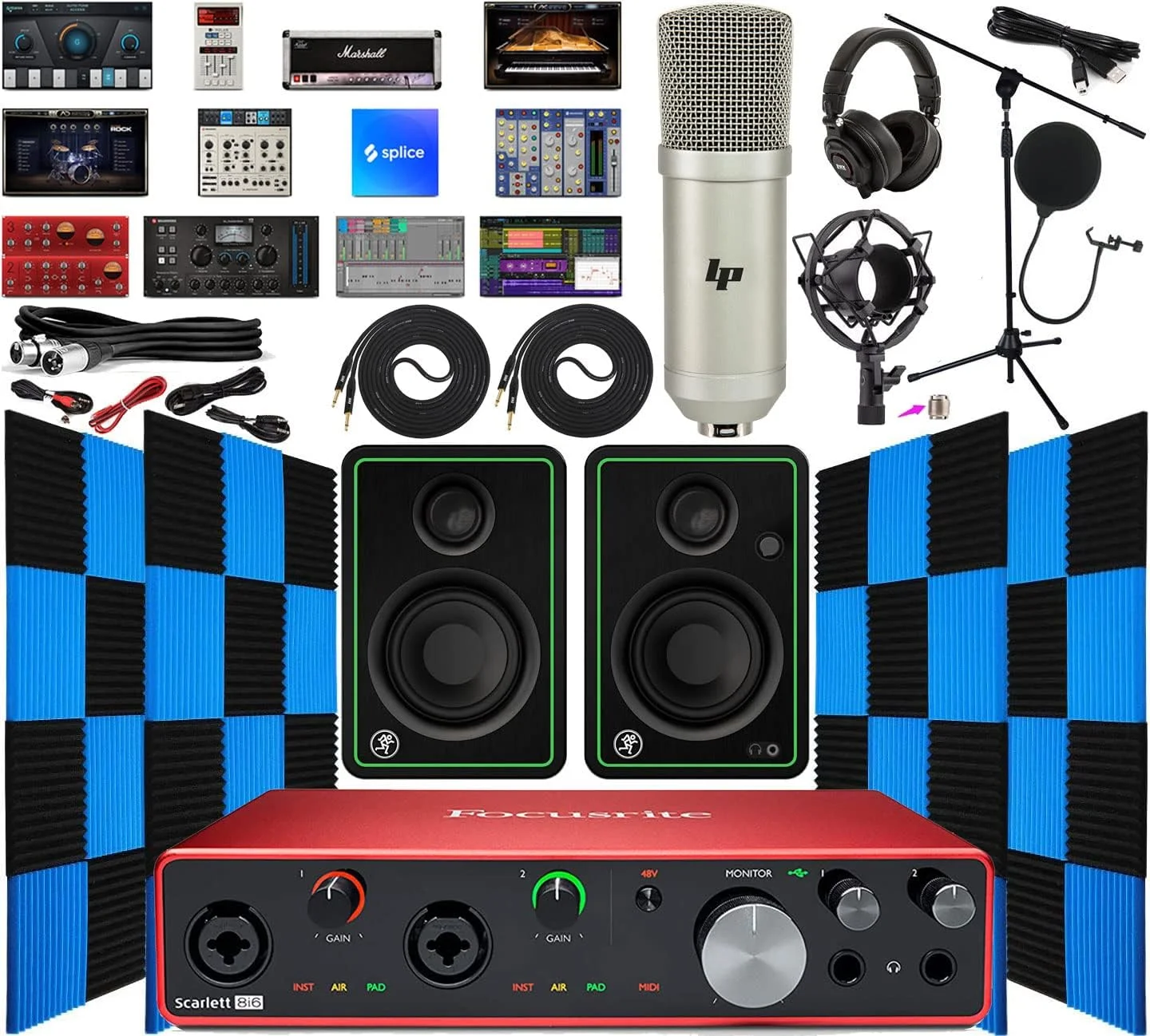 کارت صدای USB/MIDI فوکوسرایت Scarlett 8i6 8x6 به همراه بسته نرم‌افزاری خلاقانه و مانیتورهای استودیویی Mackie CR3-X و 24 عدد فوم آکوستیک عایق صدا