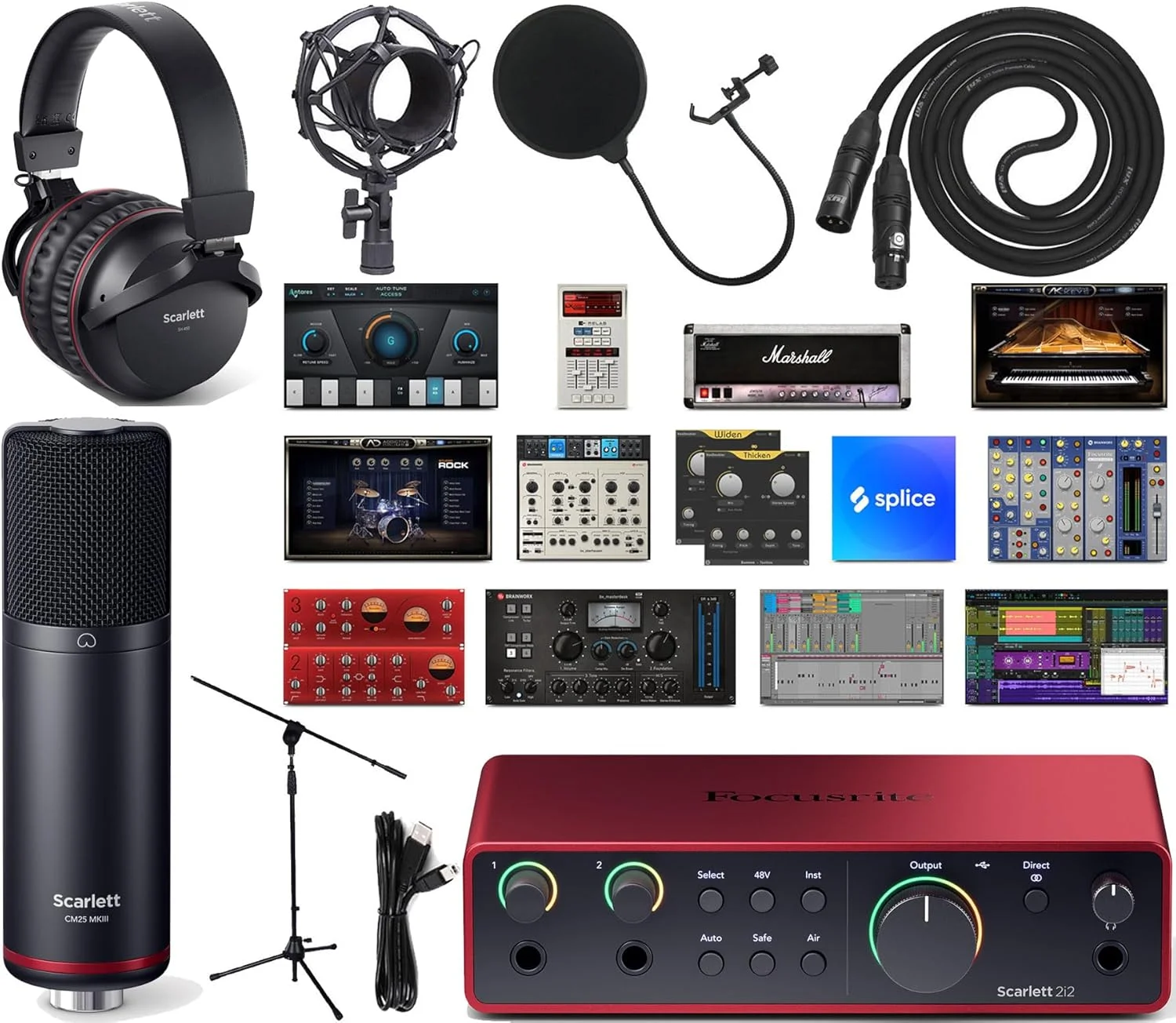 باندل کامل استودیویی کارت صدای USB Focusrite Scarlett 2i2 نسل چهارم به همراه نرم‌افزارهای خلاقانه اختصاصی، هدفون Scarlett، میکروفون کاندنسر به همراه کابل XLR و شاک مونت