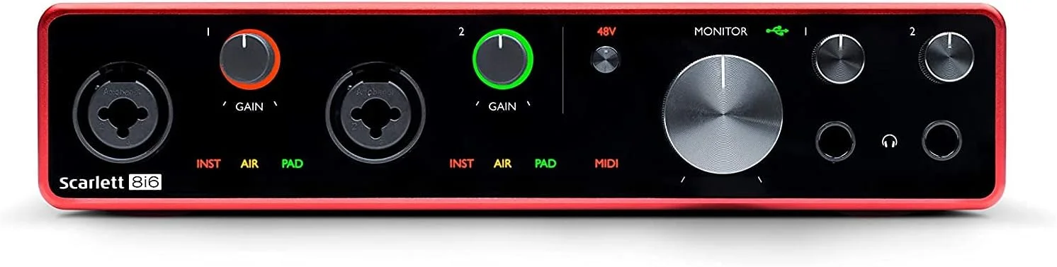کارت صدای USB/MIDI فوکوسرایت Scarlett 8i6 8x6 به همراه بسته نرمافزاری خلاقانه و مانیتورهای استودیویی Mackie CR3-X و 24 عدد فوم آکوستیک عایق صدا کارت صدای USB/MIDI فوکوسرایت Scarlett 8i6 8x6 به همراه بسته نرمافزاری خلاقانه و مانیتورهای استودیویی Mackie CR3-X و 24 عدد فوم آکوستیک عایق صدا