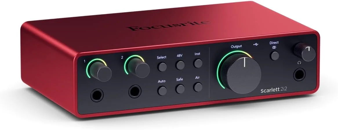 باندل کامل استودیویی کارت صدای USB Focusrite Scarlett 2i2 نسل چهارم به همراه نرمافزارهای خلاقانه اختصاصی، هدفون Scarlett، میکروفون کاندنسر به همراه کابل XLR و شاک مونت باندل کامل استودیویی کارت صدای USB Focusrite Scarlett 2i2 نسل چهارم به همراه نرمافزارهای خلاقانه اختصاصی، هدفون Scarlett، میکروفون کاندنسر به همراه کابل XLR و شاک مونت