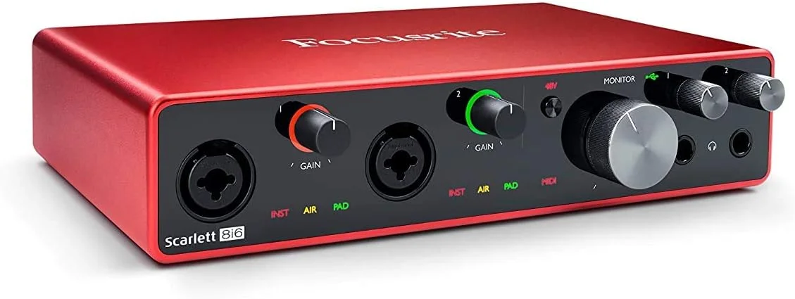 کارت صدای USB/MIDI فوکوسرایت Scarlett 8i6 8x6 به همراه بسته نرمافزاری خلاقانه و مانیتورهای استودیویی Mackie CR3-X و 24 عدد فوم آکوستیک عایق صدا کارت صدای USB/MIDI فوکوسرایت Scarlett 8i6 8x6 به همراه بسته نرمافزاری خلاقانه و مانیتورهای استودیویی Mackie CR3-X و 24 عدد فوم آکوستیک عایق صدا