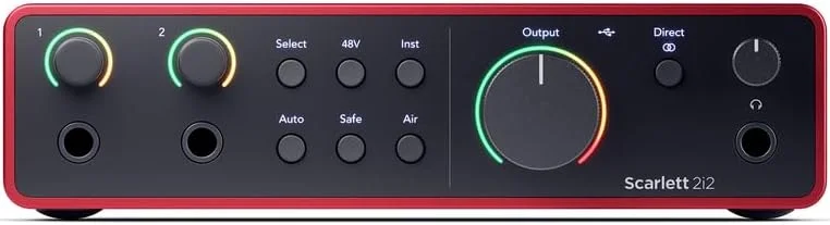 باندل کامل استودیویی کارت صدای USB Focusrite Scarlett 2i2 نسل چهارم به همراه نرمافزارهای خلاقانه اختصاصی، هدفون Scarlett، میکروفون کاندنسر به همراه کابل XLR و شاک مونت باندل کامل استودیویی کارت صدای USB Focusrite Scarlett 2i2 نسل چهارم به همراه نرمافزارهای خلاقانه اختصاصی، هدفون Scarlett، میکروفون کاندنسر به همراه کابل XLR و شاک مونت