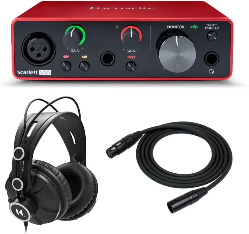 باندل کارت صدای USB Focusrite Scarlett Solo نسل سوم به همراه هدفون مانیتورینگ استودیویی پشت بسته و کابل XLR 25 فوتی (3 قطعه)