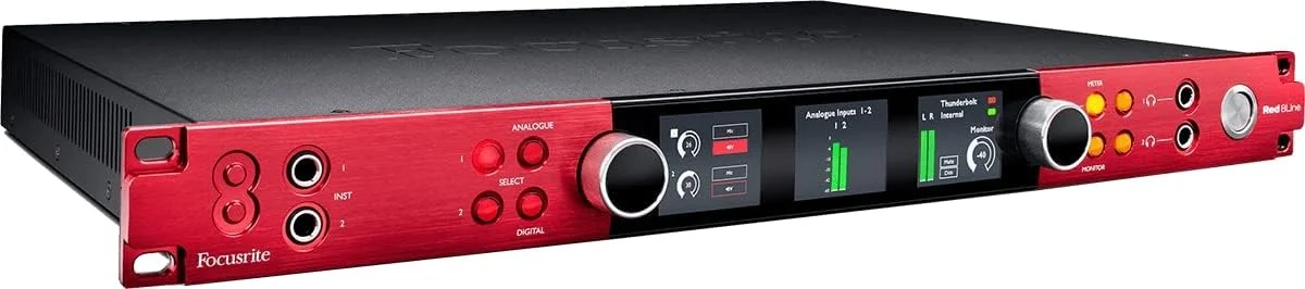 کارت صدای Focusrite Red 8Line با 58 ورودی / 64 خروجی Thunderbolt 3 به همراه پری امپ های میکروفون Red Evolution و ورودی/خروجی لاین، اتصالات DigiLink، ADAT و S/PDIF و 32x32 Dante IO