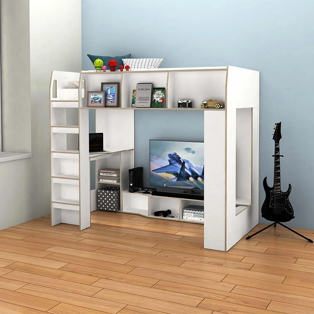 تخت خواب دو طبقه با میز تحریر و فضای ذخیره سازی Kinder 90X190 Danube Home | طراحی مدرن و مقاوم، مبلمان تخت یک نفره چوبی | ساخت مالزی، ابعاد L195.4xW113xH170 سانتی متر - سفید و بلوط سونوما