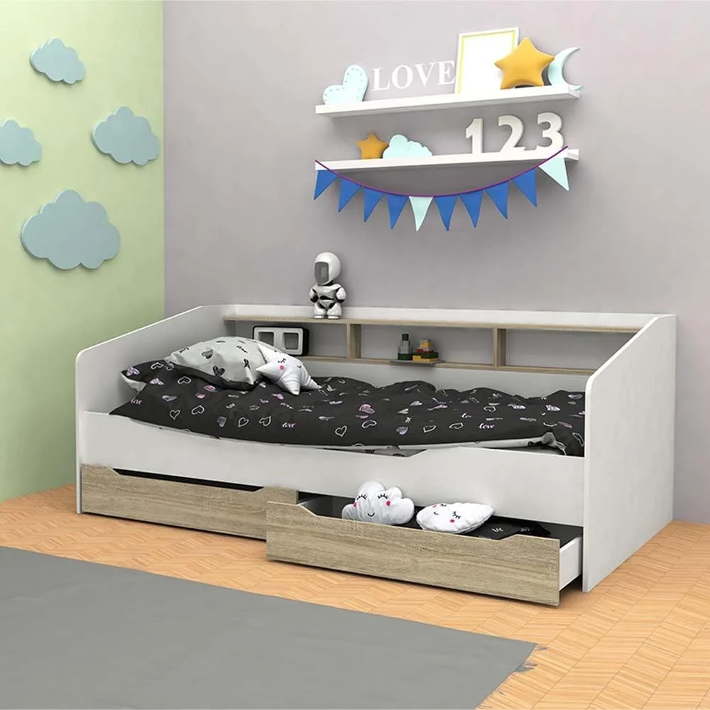 تخت خواب یک نفره کودک مدل Kinder 90X190 با تاج تخت دارای فضای ذخیره سازی و 2 کشو | طراحی مدرن و مقاوم، ساخته شده از چوب | ساخت مالزی، ابعاد L195xW107.5xH76cm - سفید و بلوط سونوما