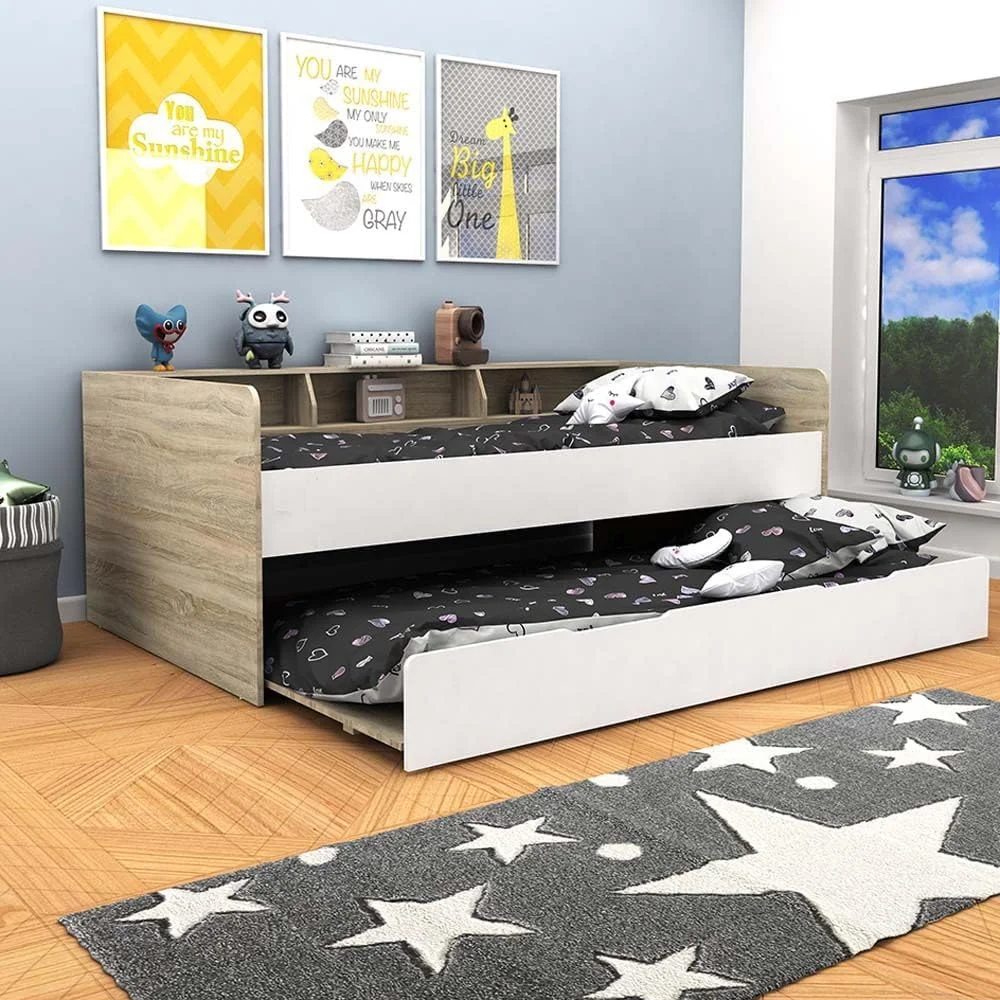 تخت خواب یک نفره کودک دانوب هوم مدل Kinder با ابعاد 90x190 به همراه تاج تخت دارای فضای ذخیره سازی و تخت مهمان کشویی | طراحی مدرن و مقاوم، ساخته شده از چوب | ابعاد L195xW115xH74.5 سانتی متر - سفید و بلوط سونوما