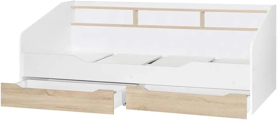 تخت خواب یک نفره کودک مدل Kinder 90X190 با تاج تخت دارای فضای ذخیره سازی و 2 کشو | طراحی مدرن و مقاوم، ساخته شده از چوب | ساخت مالزی، ابعاد L195xW107.5xH76cm - سفید و بلوط سونوما تخت خواب یک نفره کودک مدل Kinder 90X190 با تاج تخت دارای فضای ذخیره سازی و 2 کشو | طراحی مدرن و مقاوم، ساخته شده از چوب | ساخت مالزی، ابعاد L195xW107.5xH76cm - سفید و بلوط سونوما