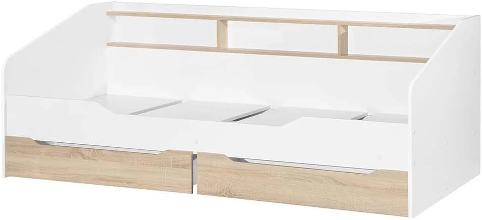 تخت خواب یک نفره کودک مدل Kinder 90X190 با تاج تخت دارای فضای ذخیره سازی و 2 کشو | طراحی مدرن و مقاوم، ساخته شده از چوب | ساخت مالزی، ابعاد L195xW107.5xH76cm - سفید و بلوط سونوما تخت خواب یک نفره کودک مدل Kinder 90X190 با تاج تخت دارای فضای ذخیره سازی و 2 کشو | طراحی مدرن و مقاوم، ساخته شده از چوب | ساخت مالزی، ابعاد L195xW107.5xH76cm - سفید و بلوط سونوما