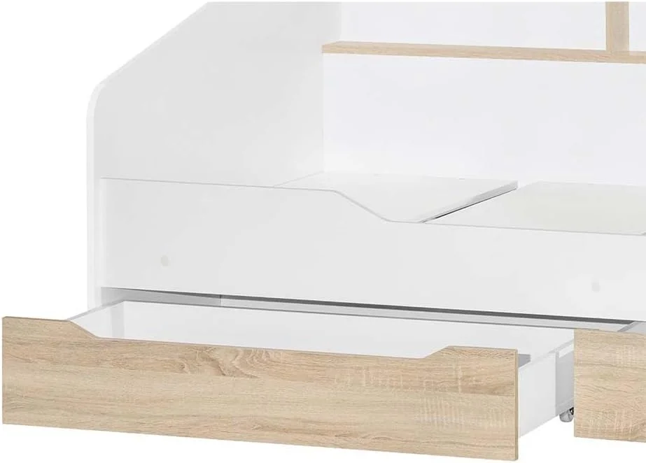 تخت خواب یک نفره کودک مدل Kinder 90X190 با تاج تخت دارای فضای ذخیره سازی و 2 کشو | طراحی مدرن و مقاوم، ساخته شده از چوب | ساخت مالزی، ابعاد L195xW107.5xH76cm - سفید و بلوط سونوما تخت خواب یک نفره کودک مدل Kinder 90X190 با تاج تخت دارای فضای ذخیره سازی و 2 کشو | طراحی مدرن و مقاوم، ساخته شده از چوب | ساخت مالزی، ابعاد L195xW107.5xH76cm - سفید و بلوط سونوما