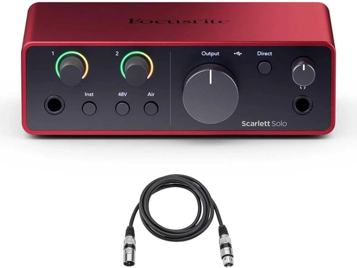کارت صدای USB Focusrite Scarlett Solo نسل 4 به همراه بسته نرم افزاری و کابل میکروفون XLR 10 فوتی H&A