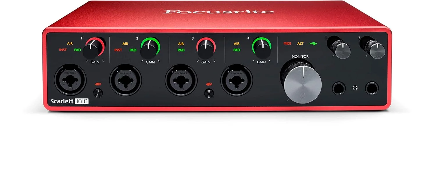 کارت صدای USB Focusrite Scarlett 18I8 نسل سوم، برای تولیدکنندگان، نوازندگان، گروه‌های موسیقی، تولیدکنندگان محتوا - ضبط با کیفیت استودیویی و نرم‌افزارهای مورد نیاز برای ضبط
