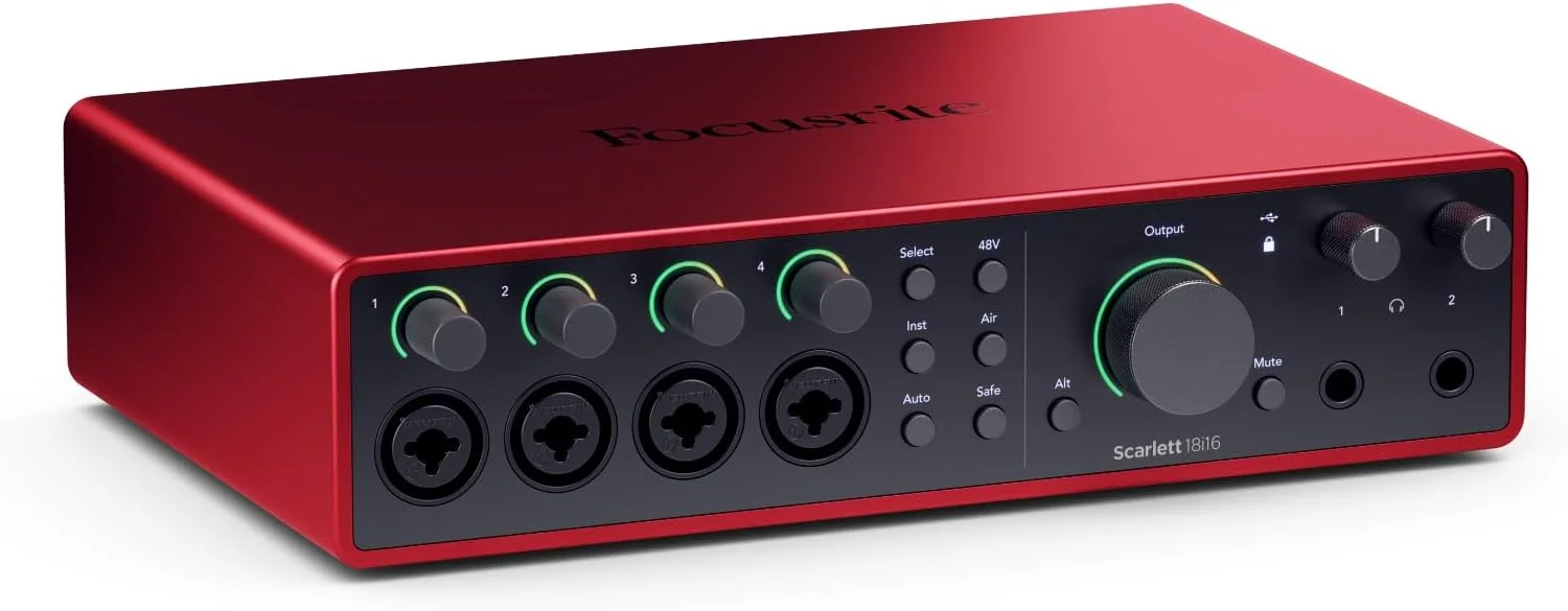 کارت صدای USB Focusrite Scarlett 18i16 نسل چهارم برای نوازندگان، ترانه‌سرایان، گیتاریست‌ها، تولیدکنندگان محتوا — ضبط با کیفیت استودیویی و نرم‌افزارهای مورد نیاز برای ضبط