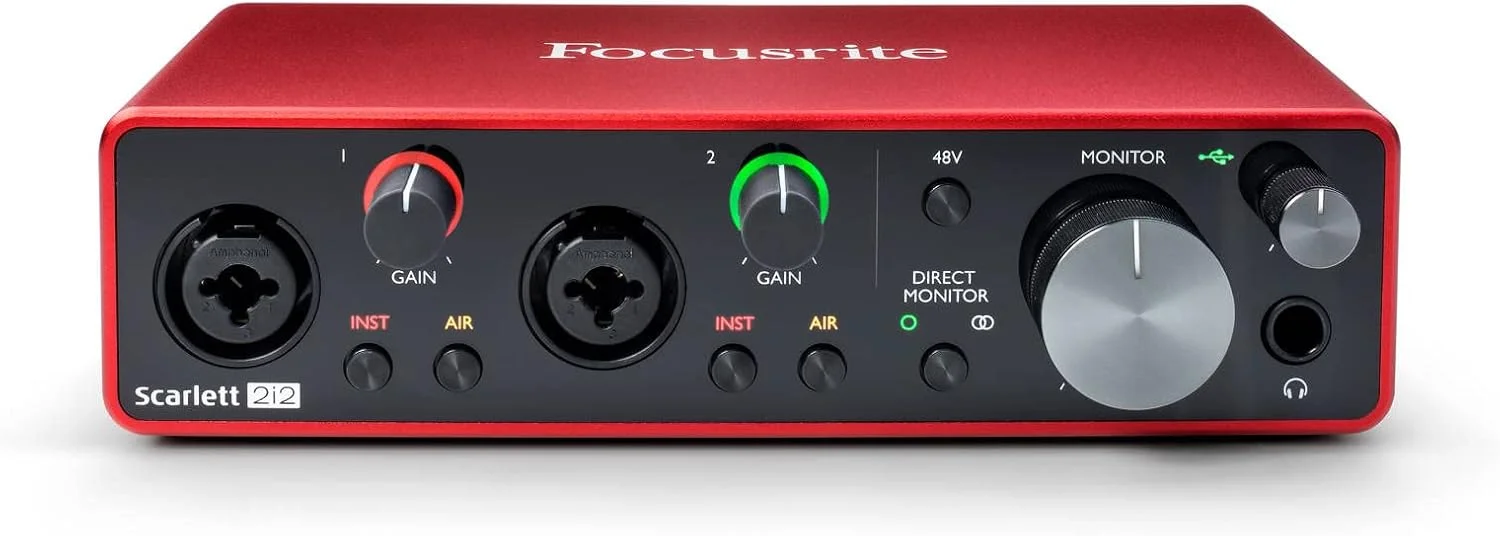 کارت صدای USB Focusrite Scarlett 2I2 نسل سوم برای ضبط، آهنگسازی، استریمینگ و پادکست — ضبط با کیفیت استودیویی و نرم افزارهای مورد نیاز برای ضبط